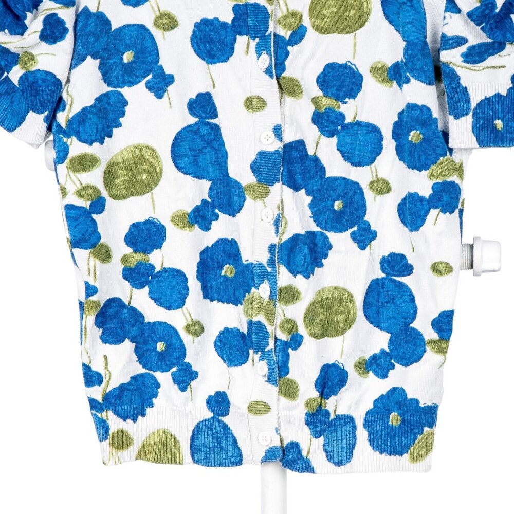 Twenty One Floral Cardigan Sweater M Women Short Sleeves Puffy Blue White Button - Picture 3 of 6